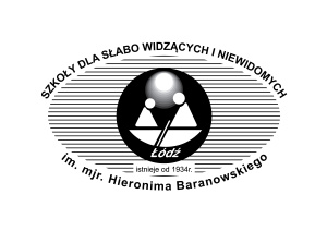 Logo ma kształt oka, w środku którego na łódce siedzi dwoje ludzi. Dookoła oka napis: Łódzkie Szkoły dla słabo Widzących i Niewidomych im. mjr. Hieronima Baranowskiego