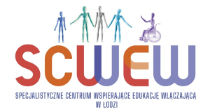 Logo pięć figurek symbolizujących niepełnosprawności oraz napis: SCEW Specjalistyczne Centrum wspierające edukację włączającą w Łodzi.