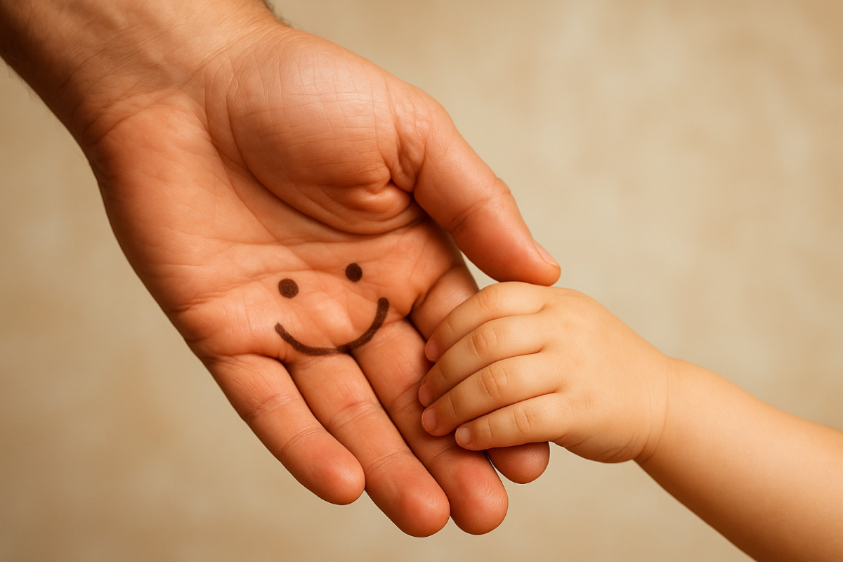 Dłoń z narysowaną uśmiechnięta buźką