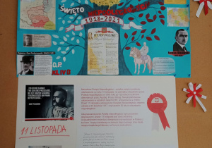 Tablica z plakatami z informacjami i zdjęciami o tematyce niepodległościowej.