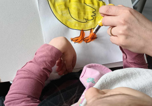 Dziewczynka koloruje kurczaka.