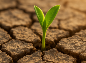 Kiełkująca roślina w suchej, popękanej glebie.