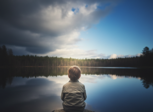 Dziecko siedzące spokojnie na brzegu jeziora odbijającego burzowe chmury. Nad głową dziecka jest już błękitne niebo.