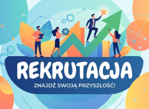 Napis: rekrutacja - znajdź swoją przyszłość. Grafika: ludzie trzymający w dłoniach różne przedmioty.